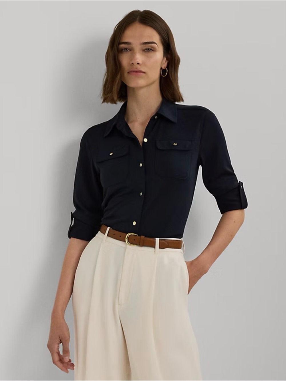 Chaps Classic Linen Navy Military Tab Button-Up Shirt w/ Roll-Tab Sleeves- XL